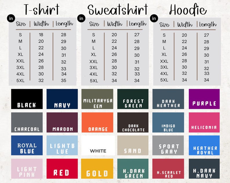 a collection of T-shirt and sweatshirt designs, each with a different color and size. The designs include various colors such as black, navy, green, purple, charcoal, maroon, orange, indigo blue, helicolor, light blue, white, sand, sport gray, and navy. The sizes range from S to M, with each size corresponding to a specific color. The image is a collage of these designs, showcasing a variety of styles and color options for customers to choose from.