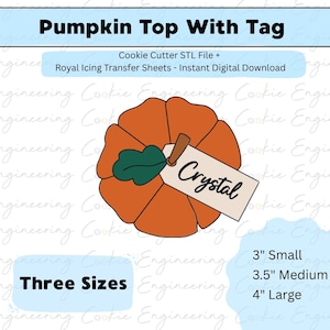 May include: Orange pumpkin-shaped cookie cutter with a green leaf and a tag that says "Crystal." The image also includes text that says "Three Sizes" and lists the sizes as 3", 3.5", and 4".