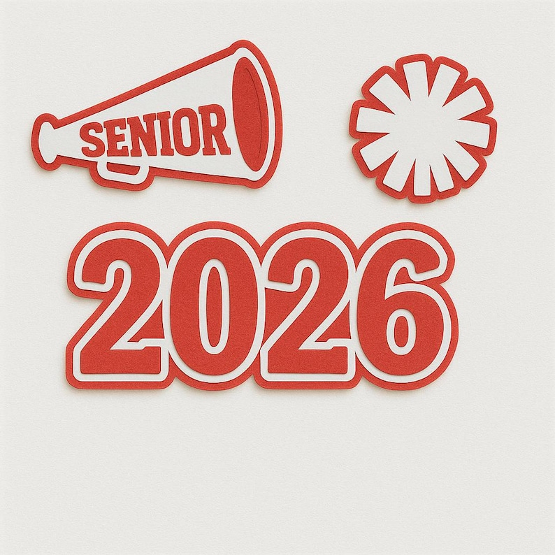 May include: Red and white cut-out decorations for a graduation celebration. Includes a megaphone with the word "SENIOR", a pom-pom, and the number "2026". The items are set against a white background.