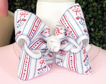 Patriotic Hair Bow, Red White Blue Stars Stripes, 4th of July Accessory, Handmade Cottagecore