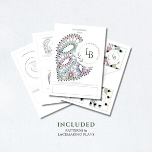 May include: A collection of white paper sheets featuring lacemaking plans and patterns with intricate floral and geometric designs in shades of purple, green, and black. The text includes LACEMAKING PLAN, LACYBOTANICS.COM, LB, and INCLUDED PATTERNS & LACEMAKING PLANS.