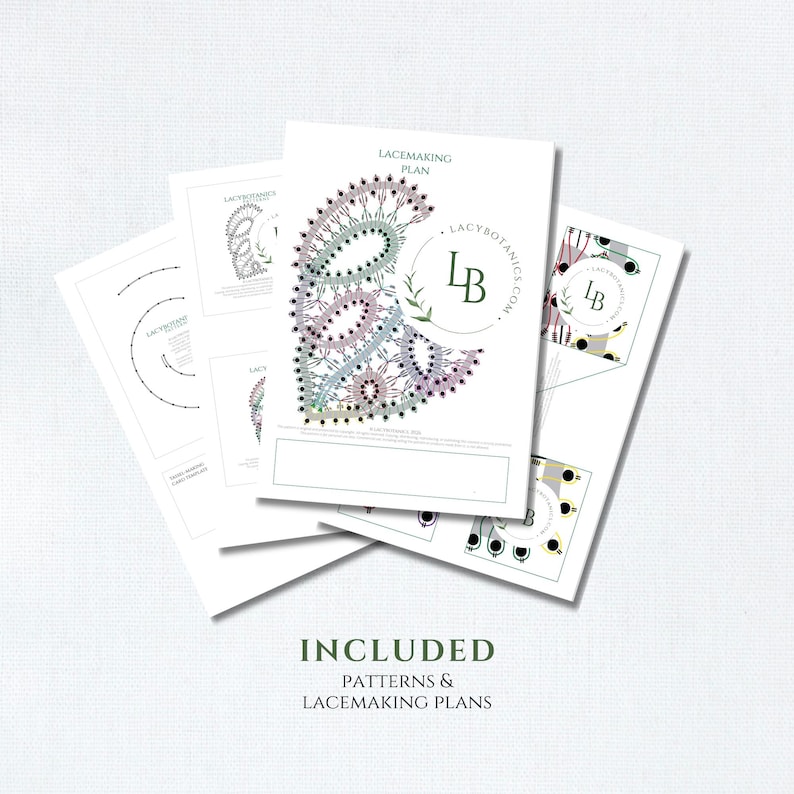 May include: A collection of white paper sheets featuring lacemaking plans and patterns with intricate floral and geometric designs in shades of purple, green, and black. The text includes LACEMAKING PLAN, LACYBOTANICS.COM, LB, and INCLUDED PATTERNS & LACEMAKING PLANS.