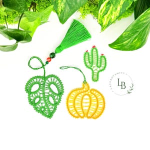 Bobbin Lace Patterns for Beginners • Monstera Bookmark, Cactus Miniature and Pumpkin Ornament • PDF Pattern, Instructions, Video Tutorials