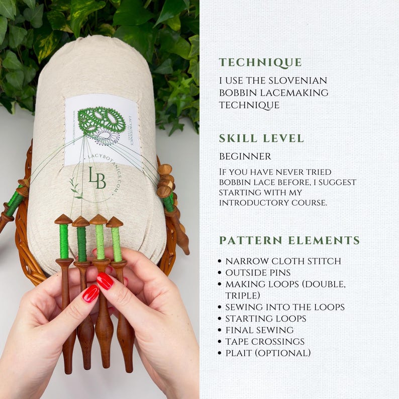 May include: A beige fabric-covered bolster pillow for bobbin lacemaking, featuring a white label with a green lace graphic and the text LB. Four wooden bobbins with green thread are held in place, connected to the pillow. Text on the right details the Slovenian bobbin lacemaking technique, beginner skill level, and pattern elements including narrow cloth stitch, outside pins, loops, sewing, and tape crossings.