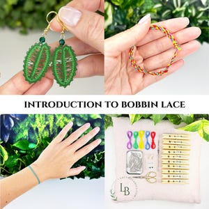Pode incluir: Uma colagem com joias feitas à mão e materiais de artesanato. Inclui brincos de renda verdes, uma pulseira trançada colorida, uma pulseira turquesa e um kit de bilros. O texto diz "INTRODUCTION TO BOBBIN LACE".