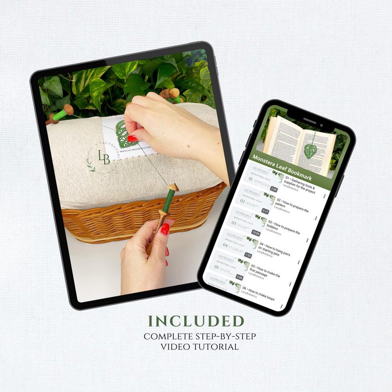 May include: A tablet and smartphone displaying a video tutorial for a Monstera leaf bookmark project. The tablet shows hands working with thread and a wooden bobbin over a wicker basket, while the phone displays a list of video chapters.