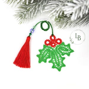 Marcapáginas de acebo con patrón de encaje de bolillos • Patrón digital de encaje con instrucciones en PDF y videotutorial • Proyecto navideño DIY