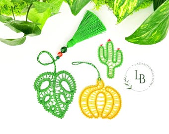 Bobbin Lace Patterns for Beginners • Monstera Bookmark, Cactus Miniature and Pumpkin Ornament • PDF Pattern, Instructions, Video Tutorials