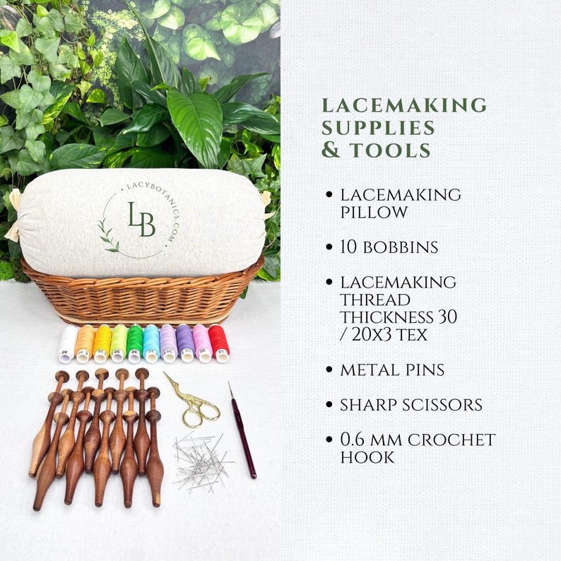 May include: A lacemaking kit featuring a cylindrical beige pillow in a wicker basket, ten wooden bobbins, assorted colorful thread spools, metal pins, gold-toned scissors, and a 0.6 mm crochet hook. Text reads: LACEMAKING SUPPLIES & TOOLS.