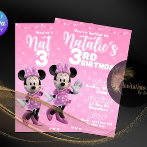 Minnie Mouse Invitations, Birthday Invitation, 3rd Birthday, Invitations, Minnie, Pink