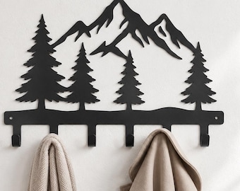 Mountain Coat Rack, Metal Wall Hook Rack, Rustic Entryway Organizer, Mountain Decor, Cabin Wall Hooks,Tree Coat Hanger, Black Metal Wall Art