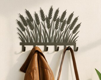 Metal Wheat Wall Coat Rack, Botanical Wall Hooks, Rustic Farmhouse Entryway Organizer, Nature Wall Decor
