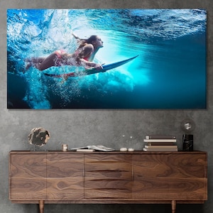 Canvas print showcasing a vibrant underwater scene of a surfer riding a wave. The surfer is depicted in a dynamic pose, with the ocean's turquoise water and white foam creating a visually striking contrast. The image is rich in color and detail, capturing the energy and excitement of surfing. The print is ideal for adding a touch of coastal flair to any living space, office, or bedroom.