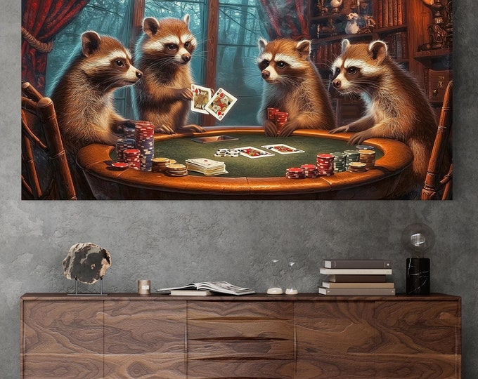 Raccoon Poker Wall Art Raccoon Canvas Print Poker Artwork Raccoon Poster Poker Art Print Canvas Wall Art Man Cave Gift Idea