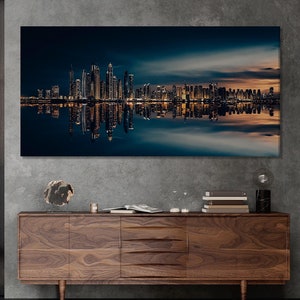 Dubai Skyline Leinwand Druck, Nacht Stadtbild Wandkunst, Marina Wolkenkratzer Spiegelung, moderne Stadt Dekor, dubai Waterfront Szene, Urban Art