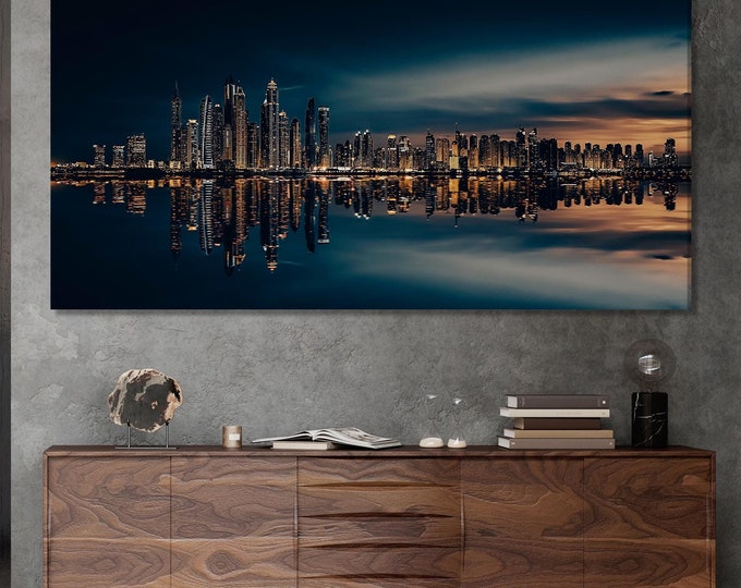 Dubai Skyline Canvas Print, Night Cityscape Wall Art, Marina Skyscrapers Reflection, Modern City Decor, Dubai Waterfront Scene, Urban Art