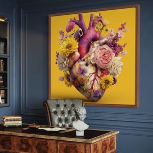 Blumenherz Wandkunst - Gelbe Kardiologie Wandkunst & Botanische Herzmalerei, Anatomisches Herz Kunst, Herz Studenten Geschenk abstraktes Herz Kunst