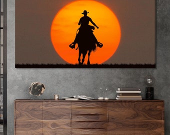 Cowboy Wall Art – Western Wall Decor, Cowboy Horseback Scene, Western American Fine Art Decor for Contemporary Living Room or Office Decor