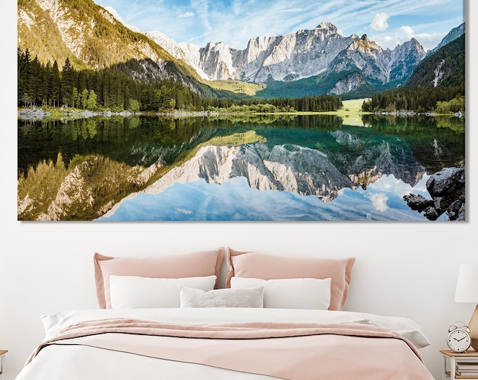 Fusine Lake and Mount Mangart Landscape Wall Art - Large Multi Panel Nature Canvas Print for Bedroom or Living Room Wall Decor