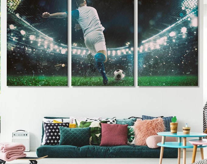 Soccer Player Canvas Print, Large Football Action Wall Art, Sports Stadium Decor, Athlete Kicking Ball Canvas, Extra Large Sports Artwork