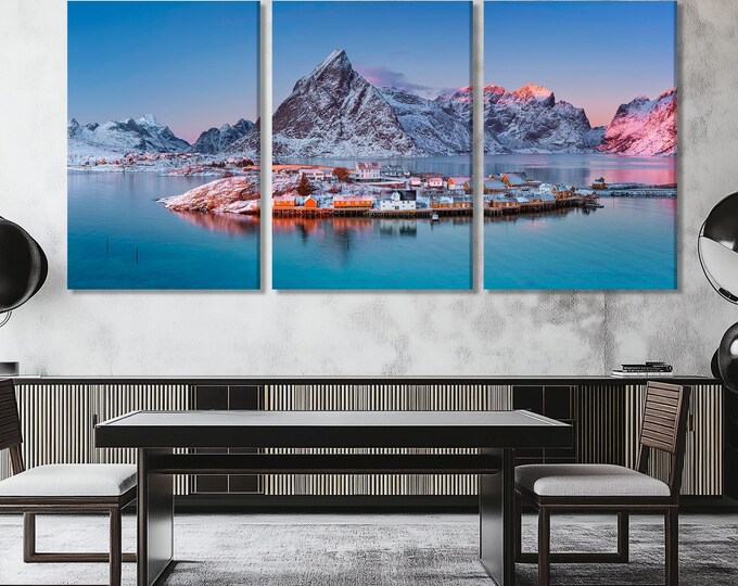 Lofoten Island Canvas Print, Winter Coastal Village Wall Art, Norwegian Mountain Landscape, Arctic Seascape Decor, XXL Nordic Nature Artwork