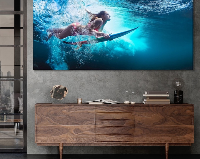 Surfer Underwater Canvas Print, Large Ocean Adventure Wall Art, Dynamic Surfing Artwork, Modern Water Sports Art Print, Energetic Wall Decor