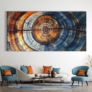 Extragroßes Bürodekor - Abstrakter Baumring Leinwandkunst, rustikale Wanddekoration, nordische Natur inspiriertes Kunstwerk, bunte Holzmaserung auf Leinwand