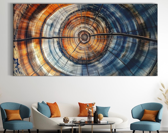 Extra Large Office Decor -Abstract Tree Ring Canvas Art, Rustic Wall Decor, Nordic Nature-Inspired Artwork, Colorful Wood Grain Canvas Print