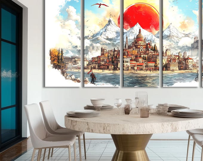 Abstract Fantasy Wall Art Majestic Mountain Cityscape Canvas Medieval Town Painting Scenic Red Sun Decor Epic Landscape Print