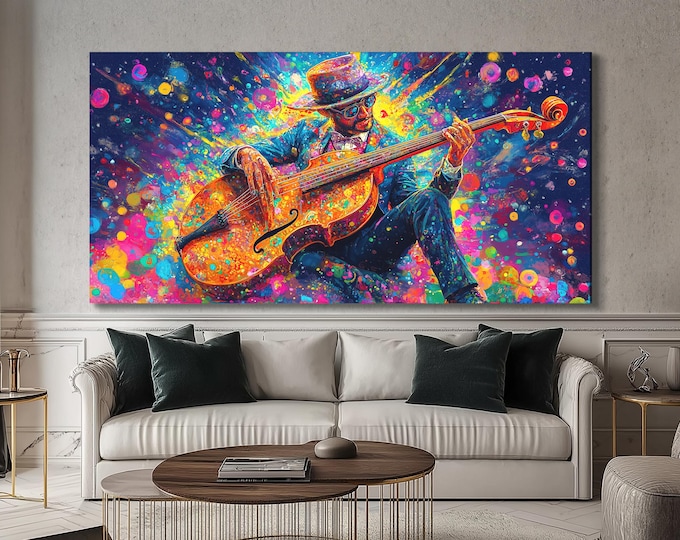 Jazz Musician Wall Art Colorful Bass Canvas Print Abstract Music Artwork Gift for Music Lovers Vibrant Jazz Decor Living Room Studio Art