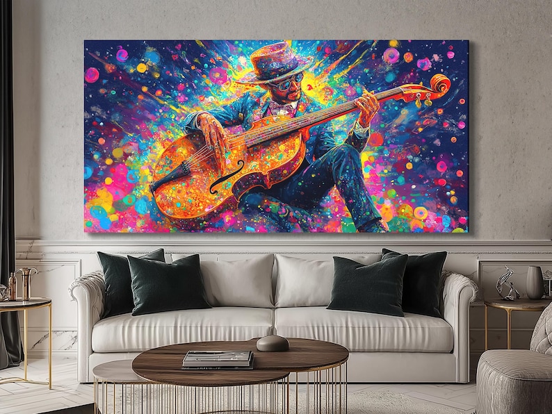 Colourful abstract jazz musician playing a bass guitar with paint splashes and dotted motion marks