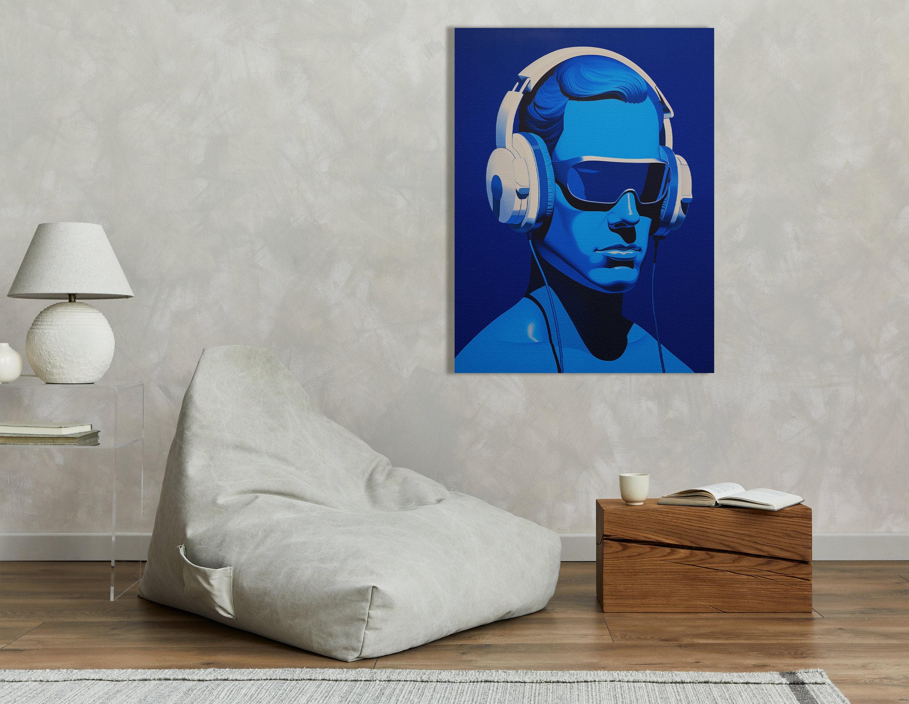 Electric blue portrait of a person wearing large headphones and dark visor sunglasses detail view