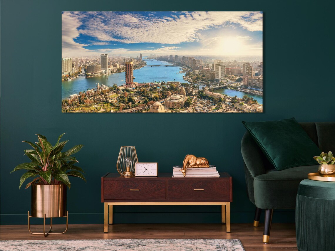 Three panoramic cityscape images with a river, skyline buildings and a bright cloudy sky detail view
