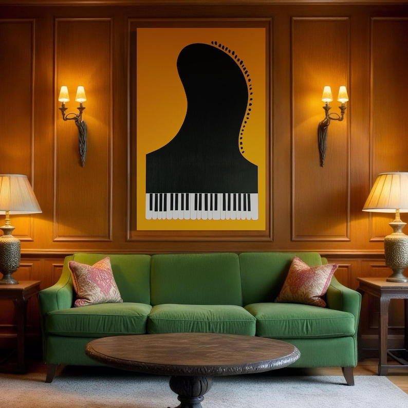 Black grand piano silhouette with dotted detail and piano keys on a warm gold background