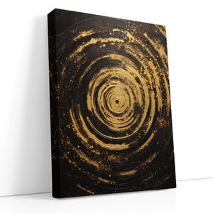 Black & Metallic Gold Spiral Canvas Art – Modern Galaxy Swirl Painting, Luxe Abstract Wall Decor for Office or Living Room, Gift for Him