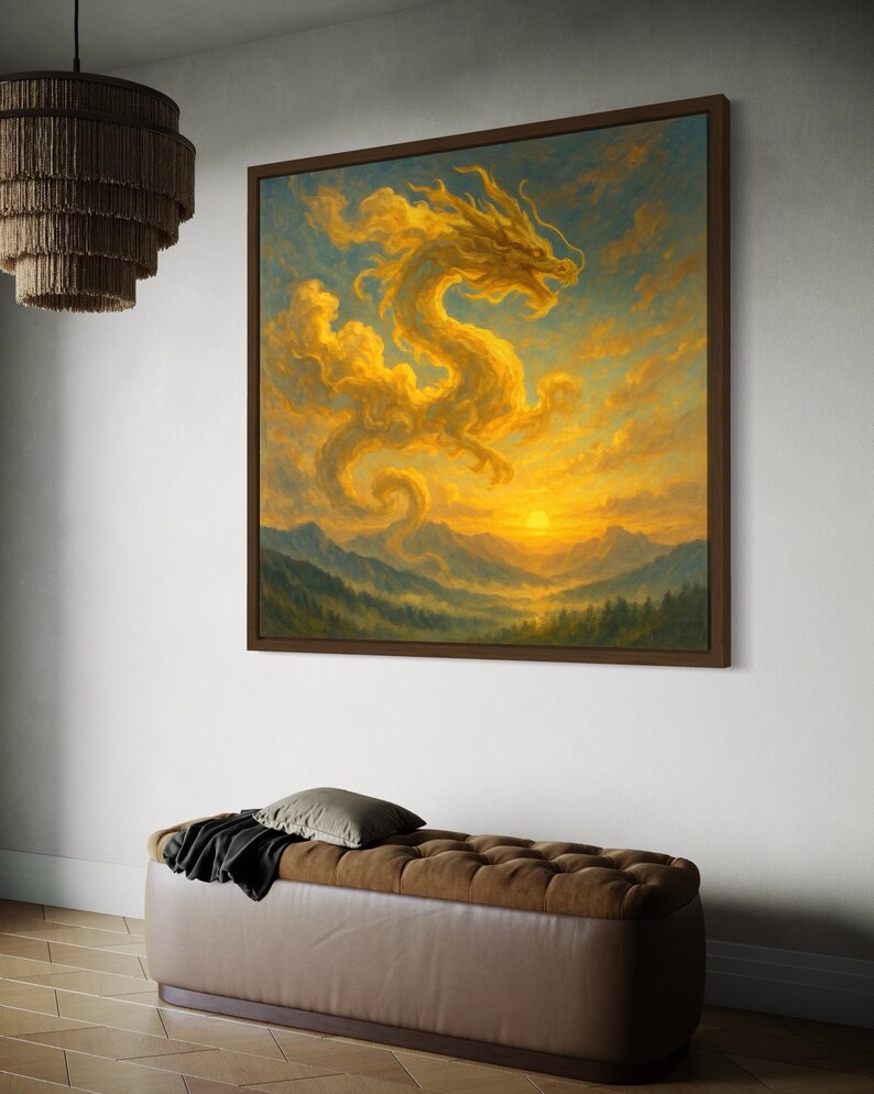 Golden dragon-like silhouette rising through amber clouds over teal mountains at sunset