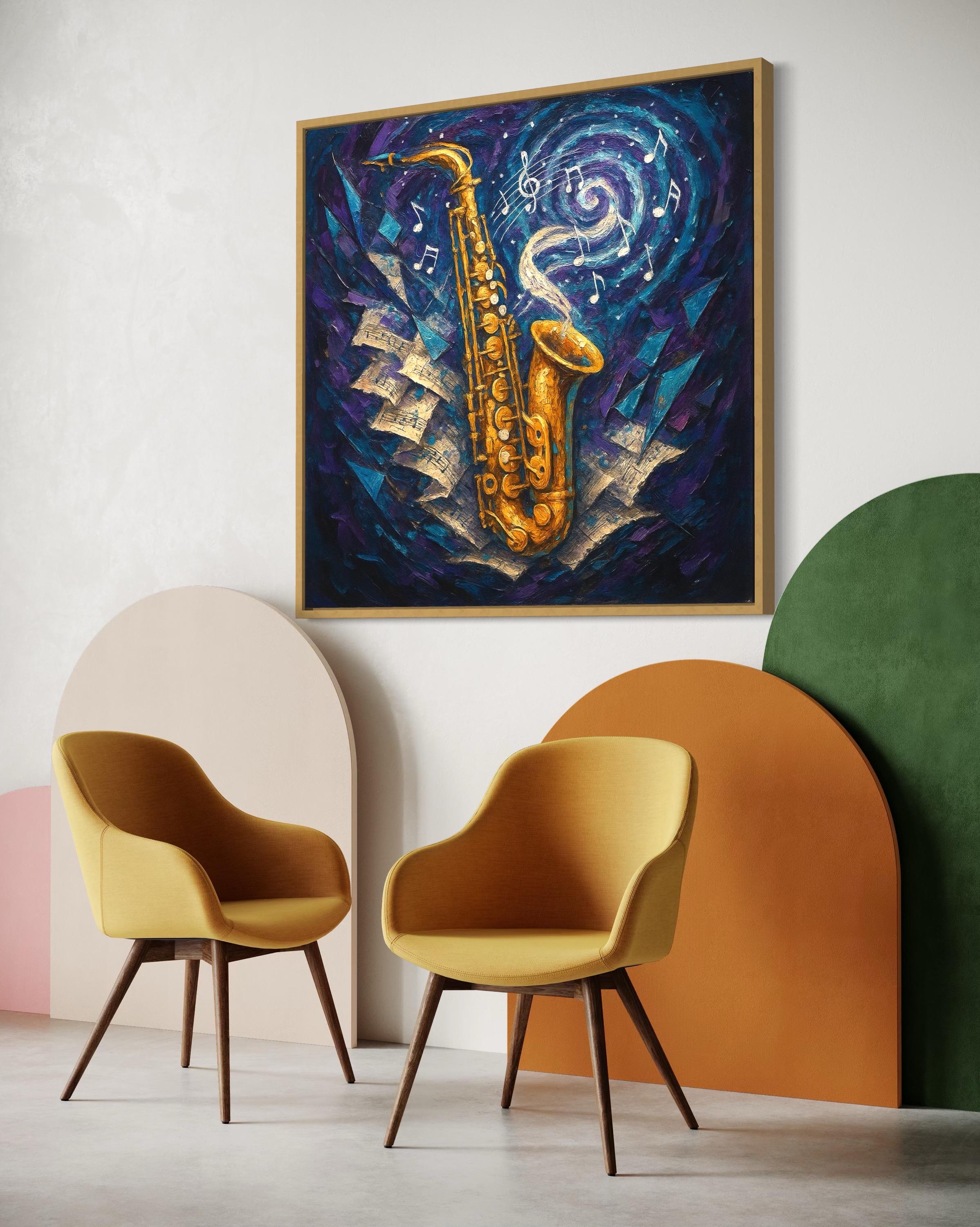 Abstract saxophone in warm gold with musical notes over swirling deep blue and purple background detail view