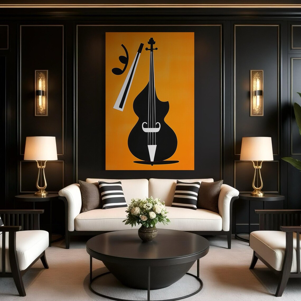 A living room mockup with an orange and black double bass artwork above a sofa