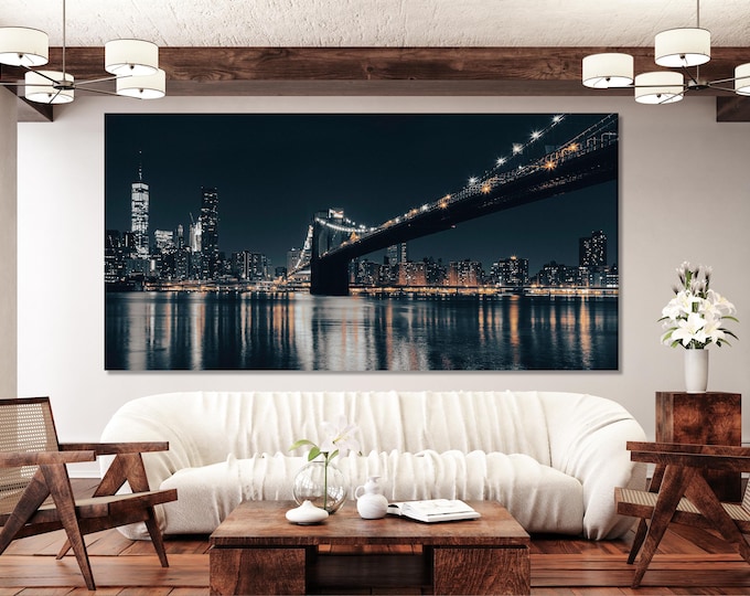 Brooklyn Bridge Canvas Print – Modern New York City Cityscape, Extra Large NY Brooklyn Bridge Wall Art for Modern Urban Office Wall Decor