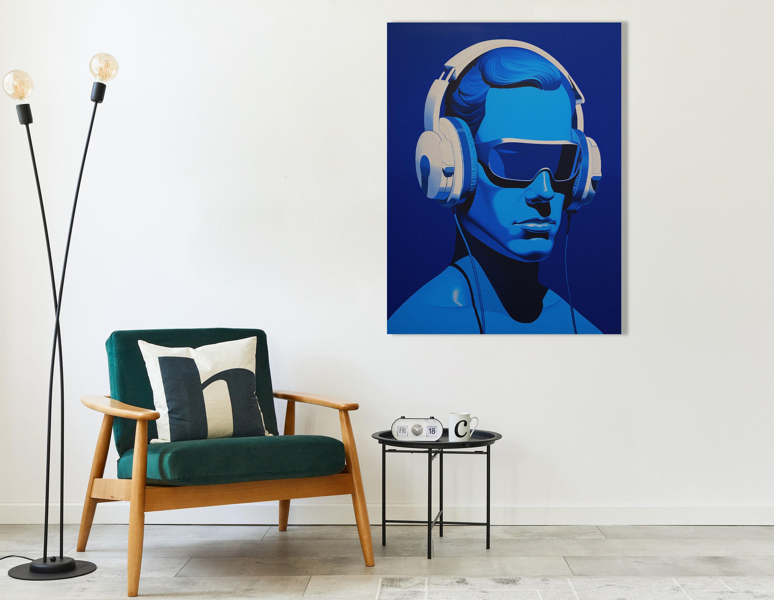 Electric blue portrait of a person wearing large headphones and dark visor sunglasses detail view