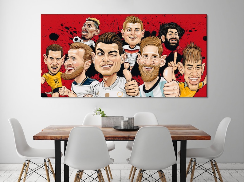 Caricature-style football players smiling together on a bright red splattered background