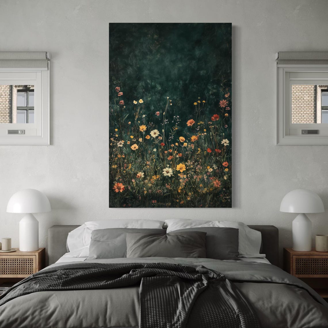 Wildflower meadow painting with many small blossoms against a dark green background detail view