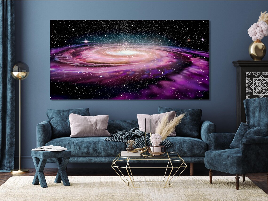 Room mockup showing a sofa and wall display with a purple starry space artwork across five panels