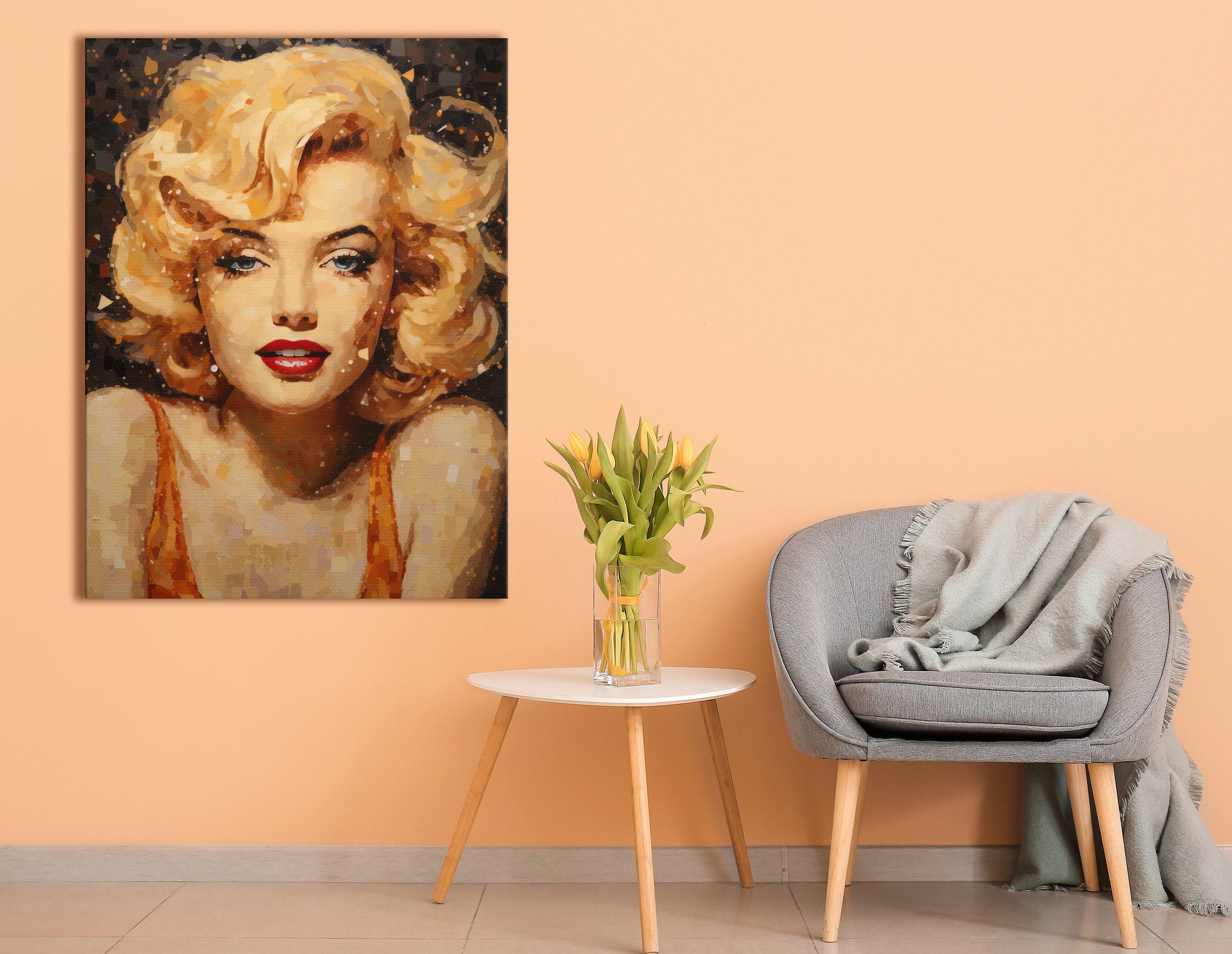Warm amber blonde portrait with dark mosaic hair and red lips detail view