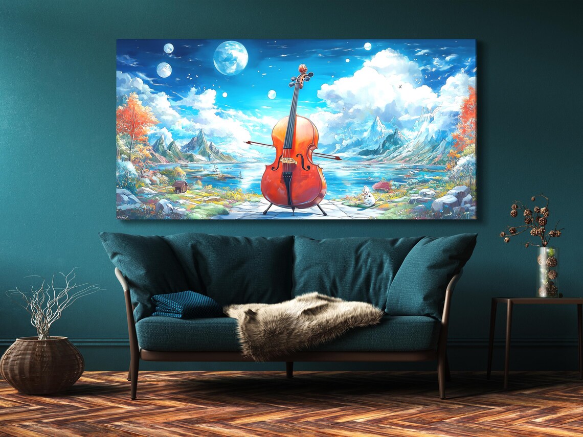 Orange cello in front of a blue sky landscape with mountains, clouds and a calm lake detail view
