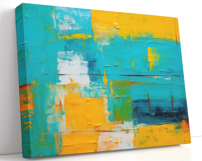 Abstract Teal Aqua Marigold Large Canvas Art – Modern Coastal Mid Century Wall Decor for Living Room or Entryway, Gift for New Homeowners