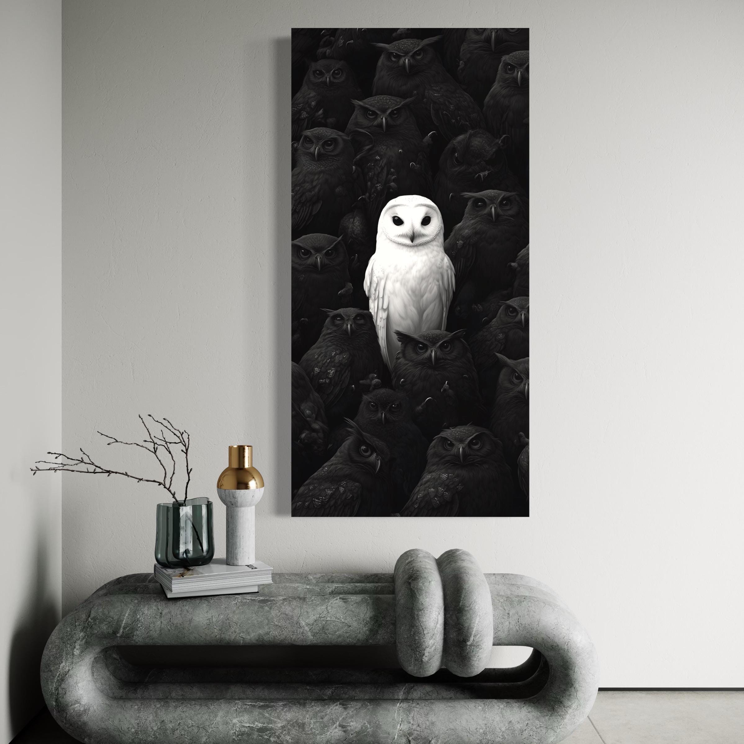 White and black owl wall art placed on a wall in a modern room mockup