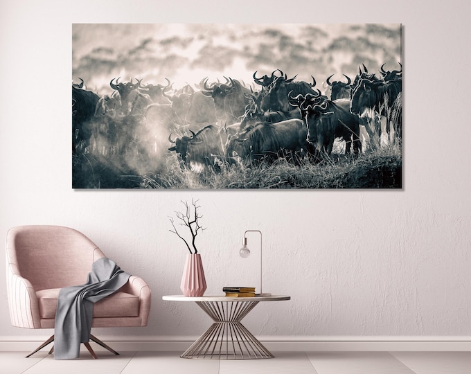 Wildebeest Migration Canvas Print, Large Safari Wall Art, African Wildlife Artwork, Maasai Mara Decor, Great Migration Canvas, Nature Print