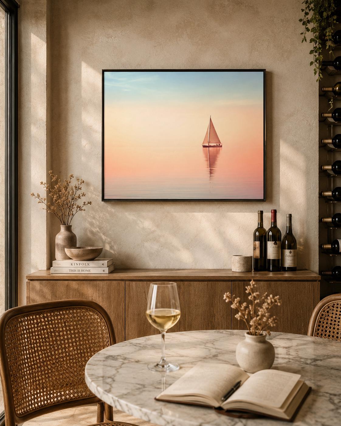 Bedroom scene with a framed pastel sailboat seascape above a bed