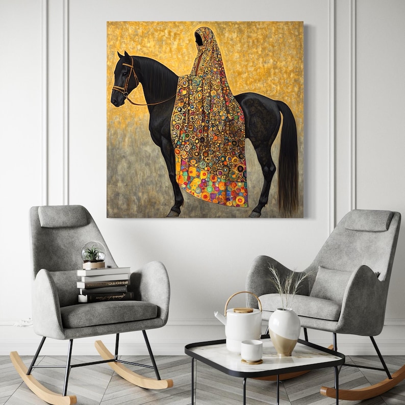 Stylised black horse portrait with a hooded figure and a bright patterned robe against a gold mottled background